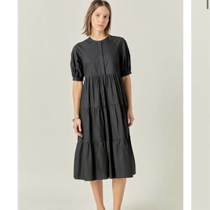Nordstrom English Factory Short Puff Sleeve Midi Tiered Dress Black Small S